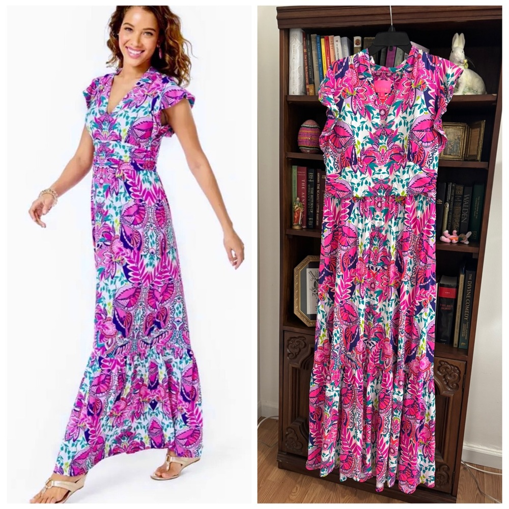 Lilly Pulitzer Adriann Maxi Dress Flutter Sleeve She's To Fly Size XL NWOT
